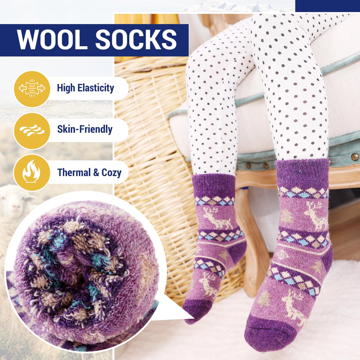Eocom 6 Pairs Children'S Winter Warm Wool Animal Crew Socks Kids Boys Girls Socks (6 Pairs Christmas Deer, 4-7 Years)