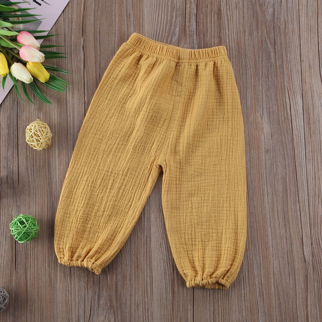 Mubineo Toddler Boy Girl Basic Plain Summer Fall Comfy Cotton Linen Pants (Mustard Yellow, 3T)