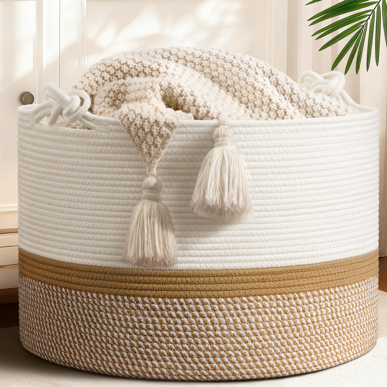 CherryNow 22x22x14 Large Blanket Basket, Home D  cor for Living Room Bedroom, Cotton Rope Laundry Basket for Clothes Pillows, Ba