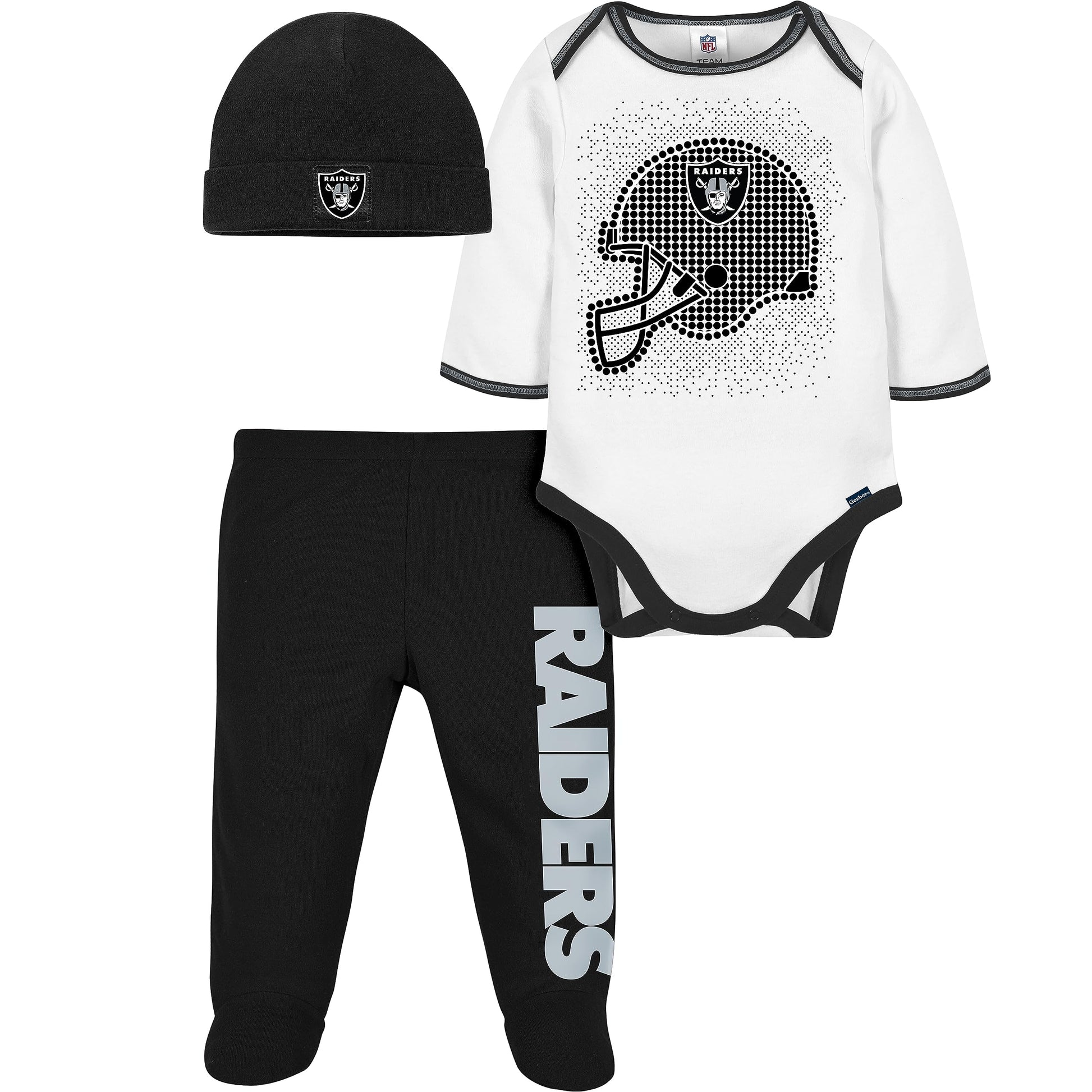 Gerber Nfl Oakland Raiders 3 Pack Bodysuit Footed Pant And Cap Registry Gift Set For Unisex Babies, Black/White Oakland Raiders,