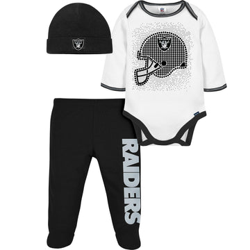 Gerber Nfl Oakland Raiders 3 Pack Bodysuit Footed Pant And Cap Registry Gift Set For Unisex Babies, Black/White Oakland Raiders,