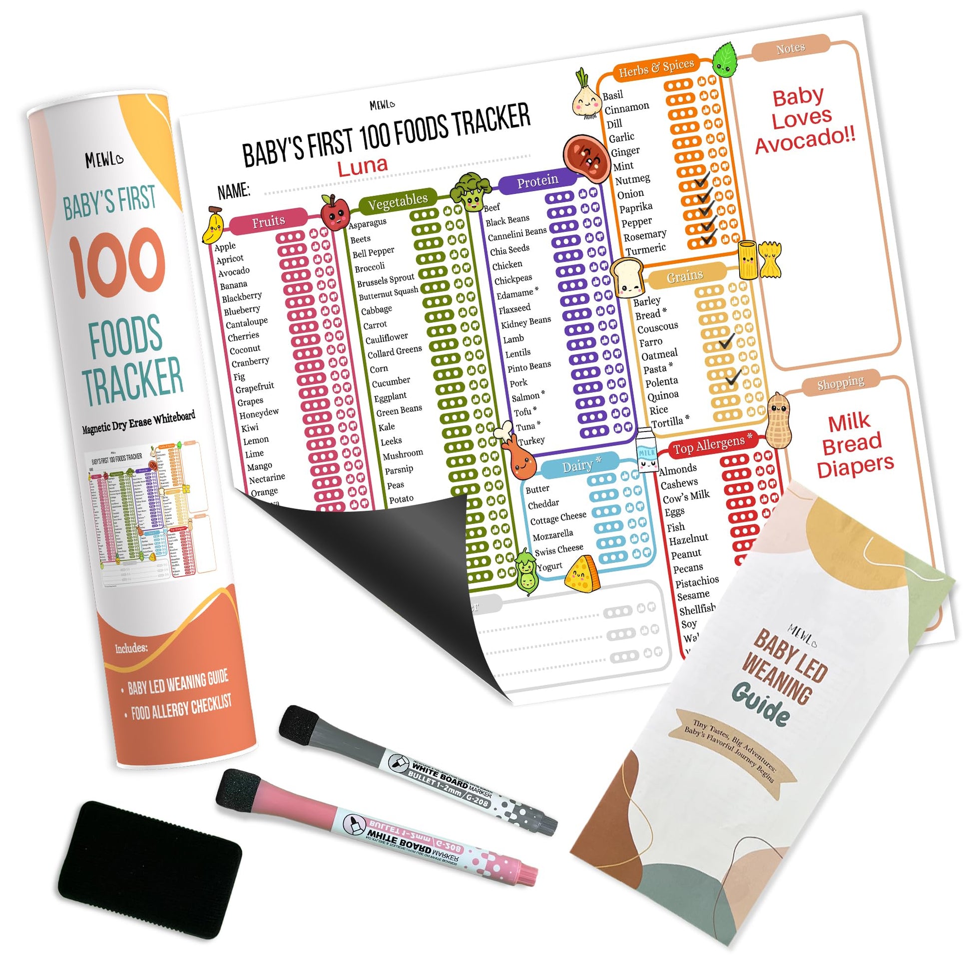 Baby First Foods Tracker & Baby Led Weaning Book Mini Guide by Mewl - 100 Foods Before 1 Checklist Reusable Dry Erase Board - Ba