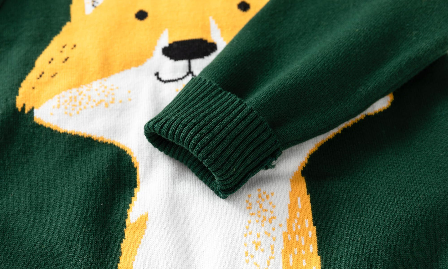 Huaer& Baby Boys Girls Knit Sweater Round Neck Long Sleeve Unisex Cotton Cartoon Animal Pullover Sweatshirt(5T Green Fox)