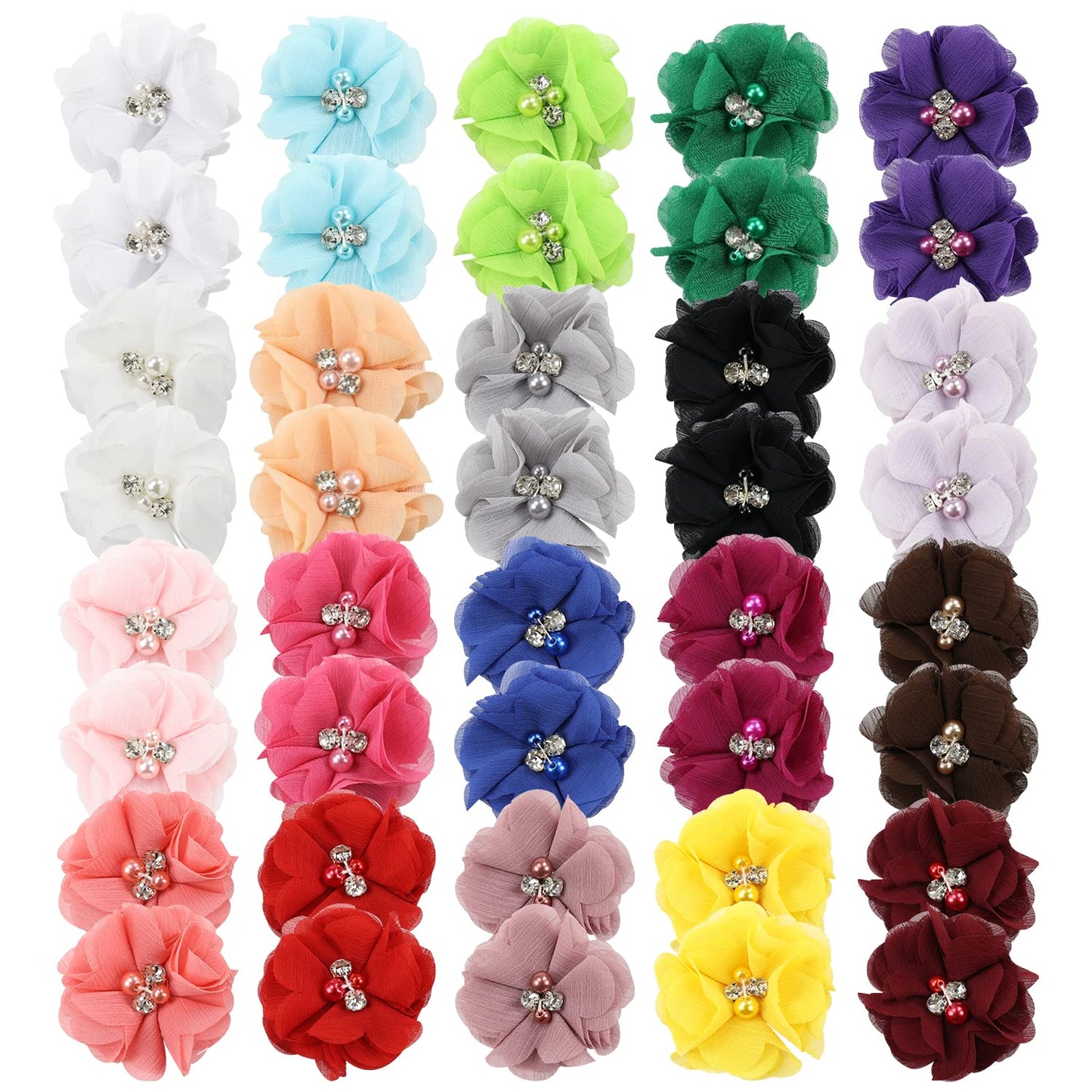 Insowni 40 Pack/20 Pairs 2' Solid Chiffon Flower With Rhinestones Pearls Ponytail Pigtail Alligator Hair Clips Barrettes 2 Inch