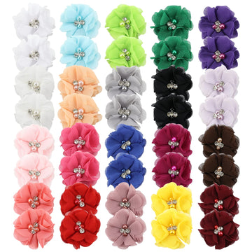 Insowni 40 Pack/20 Pairs 2' Solid Chiffon Flower With Rhinestones Pearls Ponytail Pigtail Alligator Hair Clips Barrettes 2 Inch