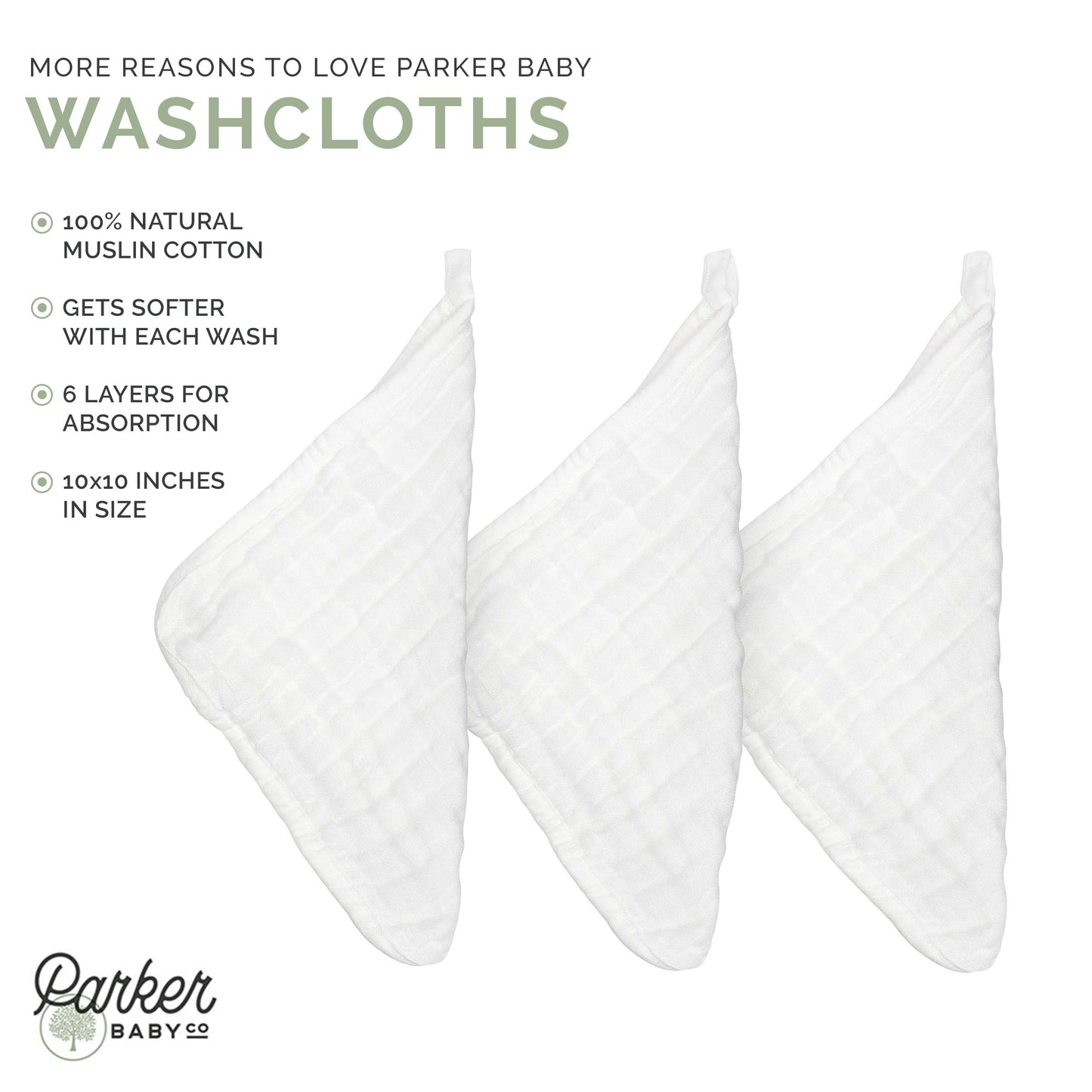 Parker Baby Washcloths - 6 Pack Of 100% Cotton Muslin Wash Cloths - Soft, Absorbent And Natural - White