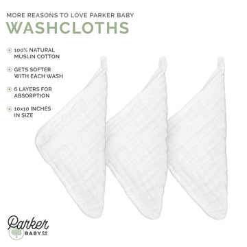 Parker Baby Washcloths - 6 Pack Of 100% Cotton Muslin Wash Cloths - Soft, Absorbent And Natural - White