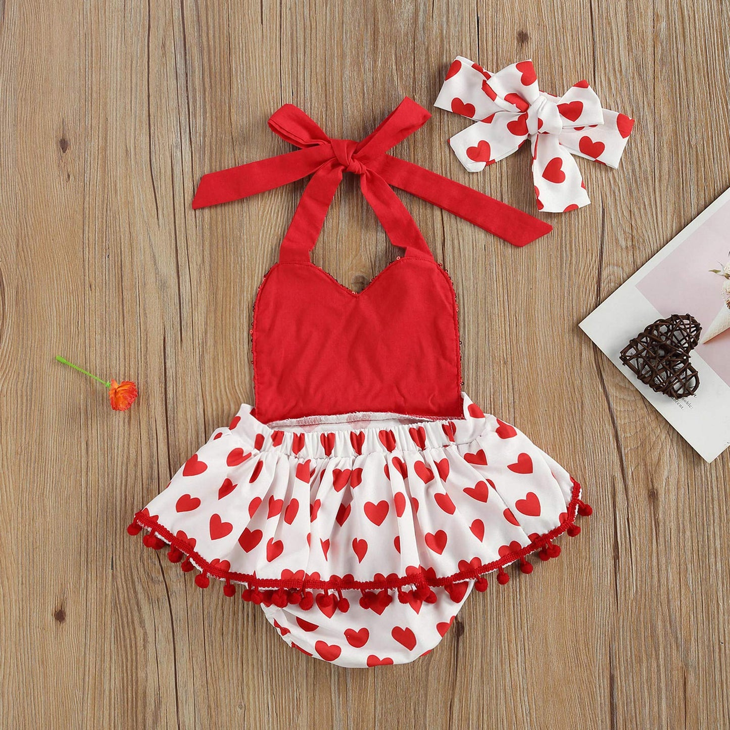 Xiaodriceee Newborn Baby Girl Valentine'S Day Outfit Flutter Sleeve Heart Print Tutu Romper Dress Headband 2Pcs Clothes Set (Red