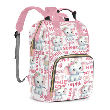 Perarts Large Capacity Custom Diaper Bag for Baby Girls with Name, Pink Elephant Multifunctional Mom Personalized Diaper Bag Bac
