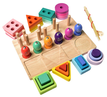 Montessori Toys for Toddlers, Shape Sorter, Wooden Stacking Blocks, Color Puzzle Pattern, Fine Motor Skills, 3-in-1 Toy for Pres