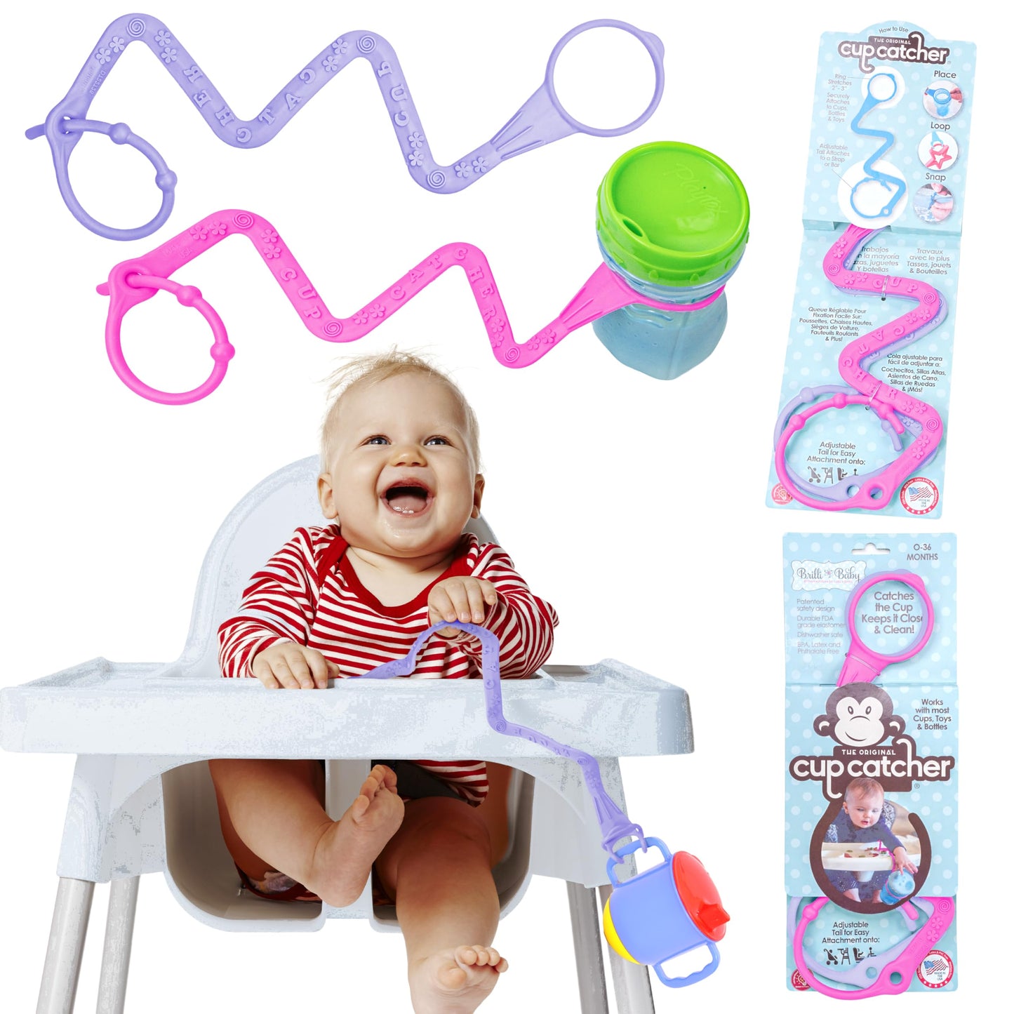 Brilli Baby Cup Catcher Patented Safety Tether Strap, Attach Sippy Cups, Bottles, Pacifiers & More to Stroller, High Chair, Car 