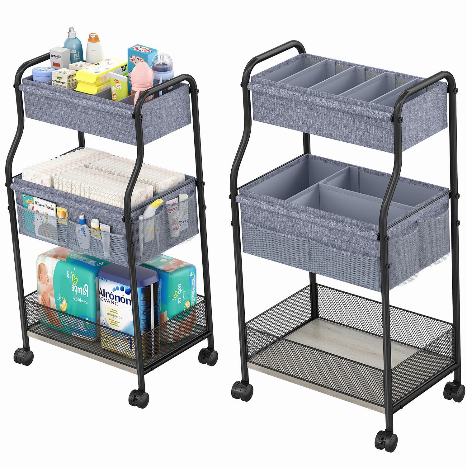 3-Tier Baby Diaper Caddy Organizer and Storage Cart, Mobile Metal Utility Cart with Rolling Wheels for Nursery Essentials with 4