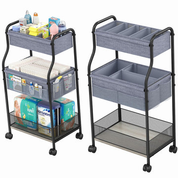 3-Tier Baby Diaper Caddy Organizer and Storage Cart, Mobile Metal Utility Cart with Rolling Wheels for Nursery Essentials with 4