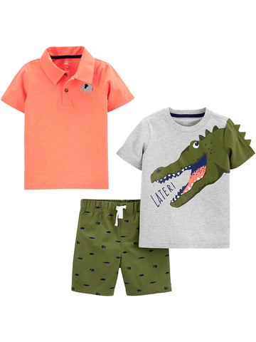 Simple Joys By Carter'S Baby Boys' 3-Piece Playwear Set, Coral Orange Elephant/Green Dinosaur/Grey Alligator, 18 Months