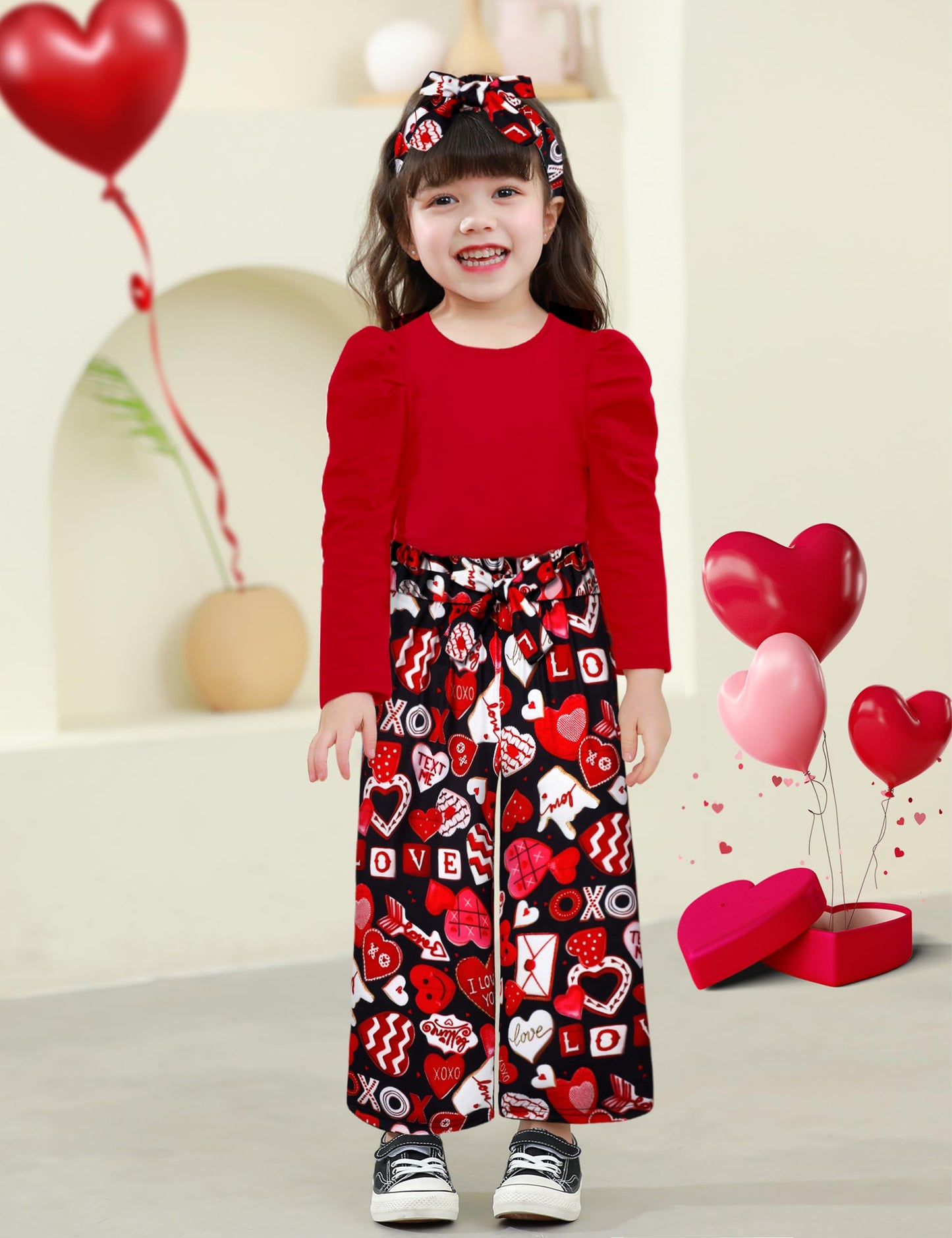 Migu Toddler Valentines Day Outfit Girl 4T-5T Valentines Outfit Girl Red Puffy Sleeve Top Love Pattern Pants Headbands 3Pcs