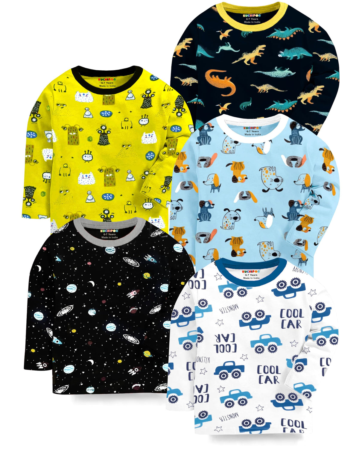 Kuchipoo Boys & Girls Cotton Regular Fit TShirt  Pack Of 5 (KucTshrt32523 Years), Assorted