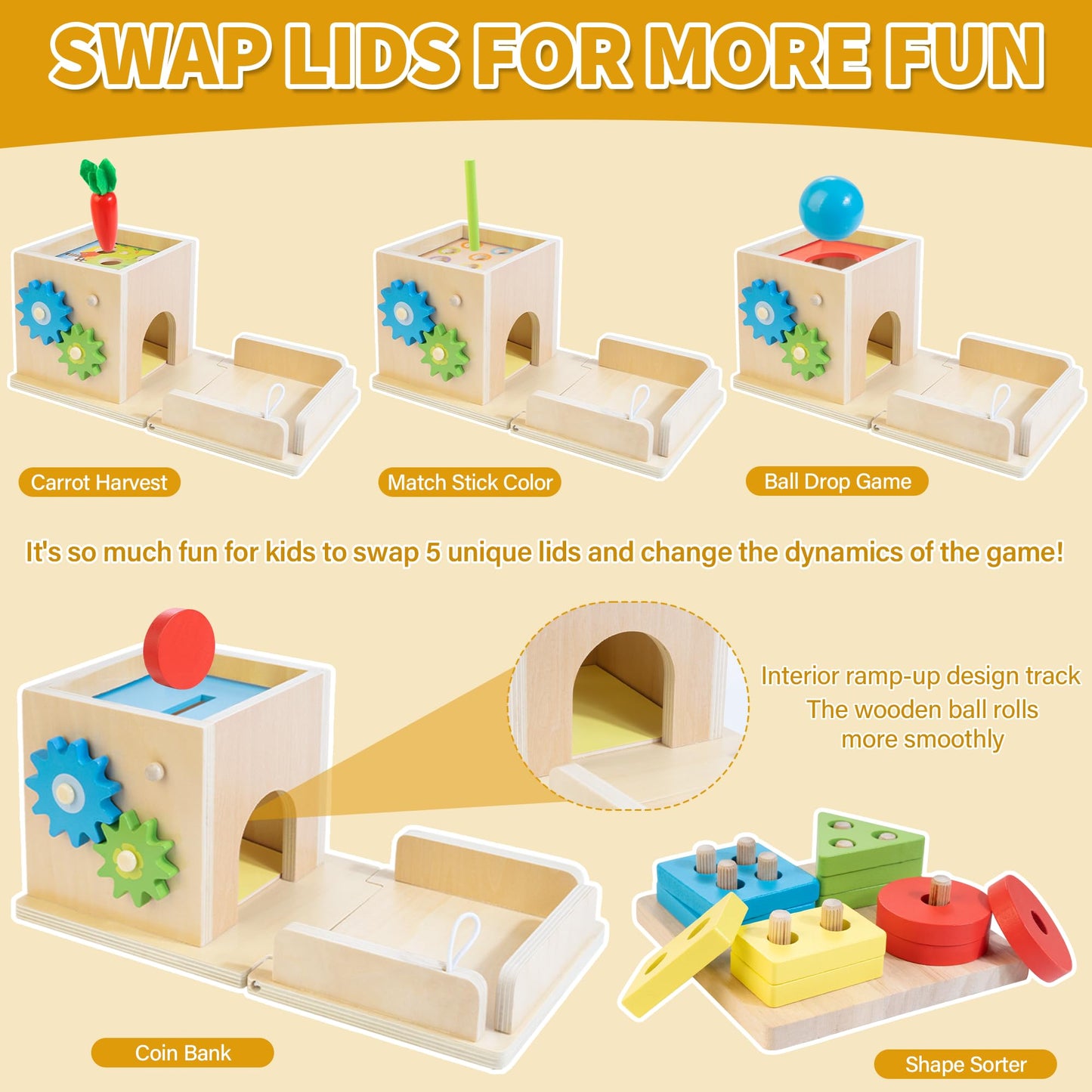 Kizfarm Wooden Montessori Baby Toys, 8-in-1 Wooden Play Kit Includes Object Permanent Box, Coin Box, Carrot Harvest, Shape Sorti