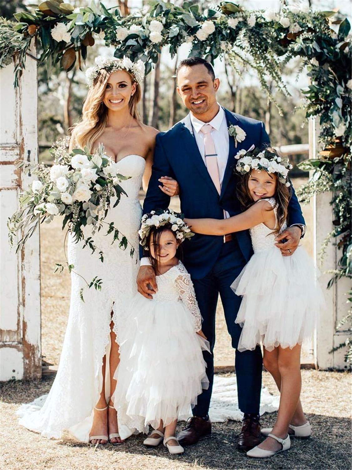 2Bunnies Girl Peony Lace Back A-Line Tiered Tutu Tulle Party Flower Girl Dress (White Sleeve Maxi, 5)