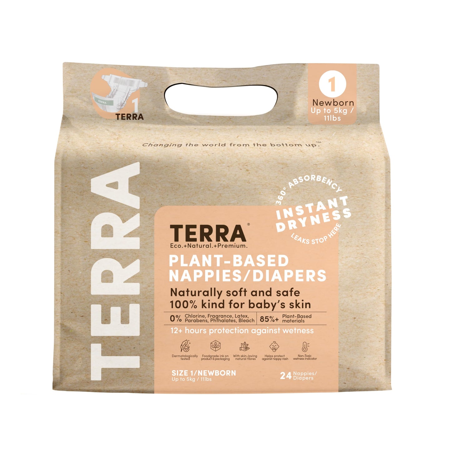 Terra Size 1 Newborn Diapers: 85% Plant-Based Diapers, Ultra-Soft & Chemical-Free for Sensitive Skin, Superior Absorbency for Da