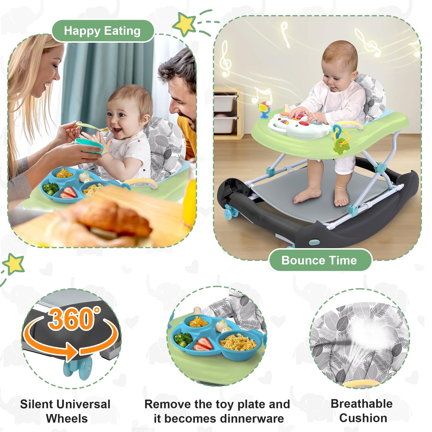 Pawtong Foldable Baby 5-In-1 Activity Walker - Rocker, Activity Center, Bouncer, Seat Walker, Push Walker - Adjustable Speed Rea