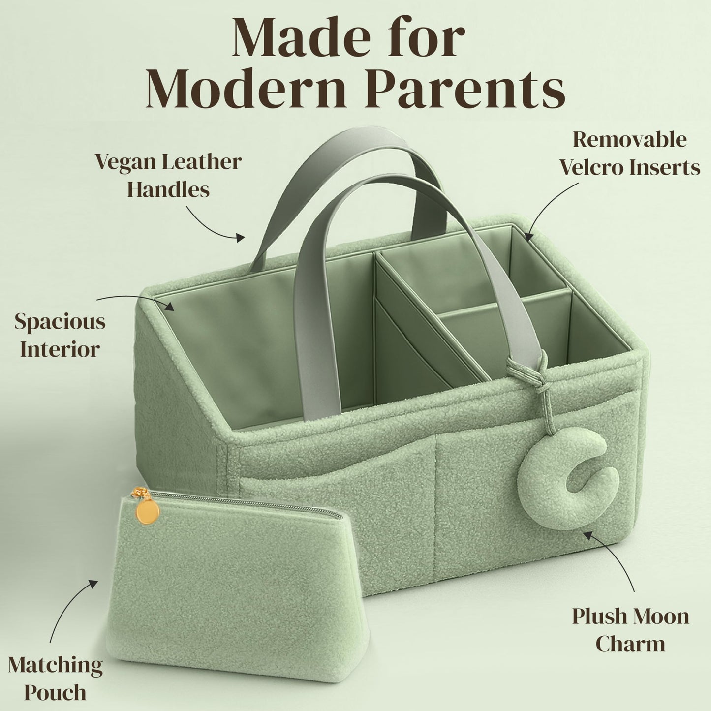 Orelle Boucl   Diaper Caddy Organizer with Matching Pouch & Moon Pendant | Teddy Portable Changing Table Organizer | Sage Green