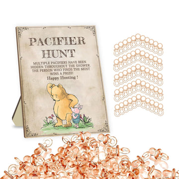 Classic Winnie Pacifier Hunt Sign For Baby Shower Game, 1 Winnie Pacifier Hunt Sign And 50Pcs Brown Mini Pacifiers Decor For Bab