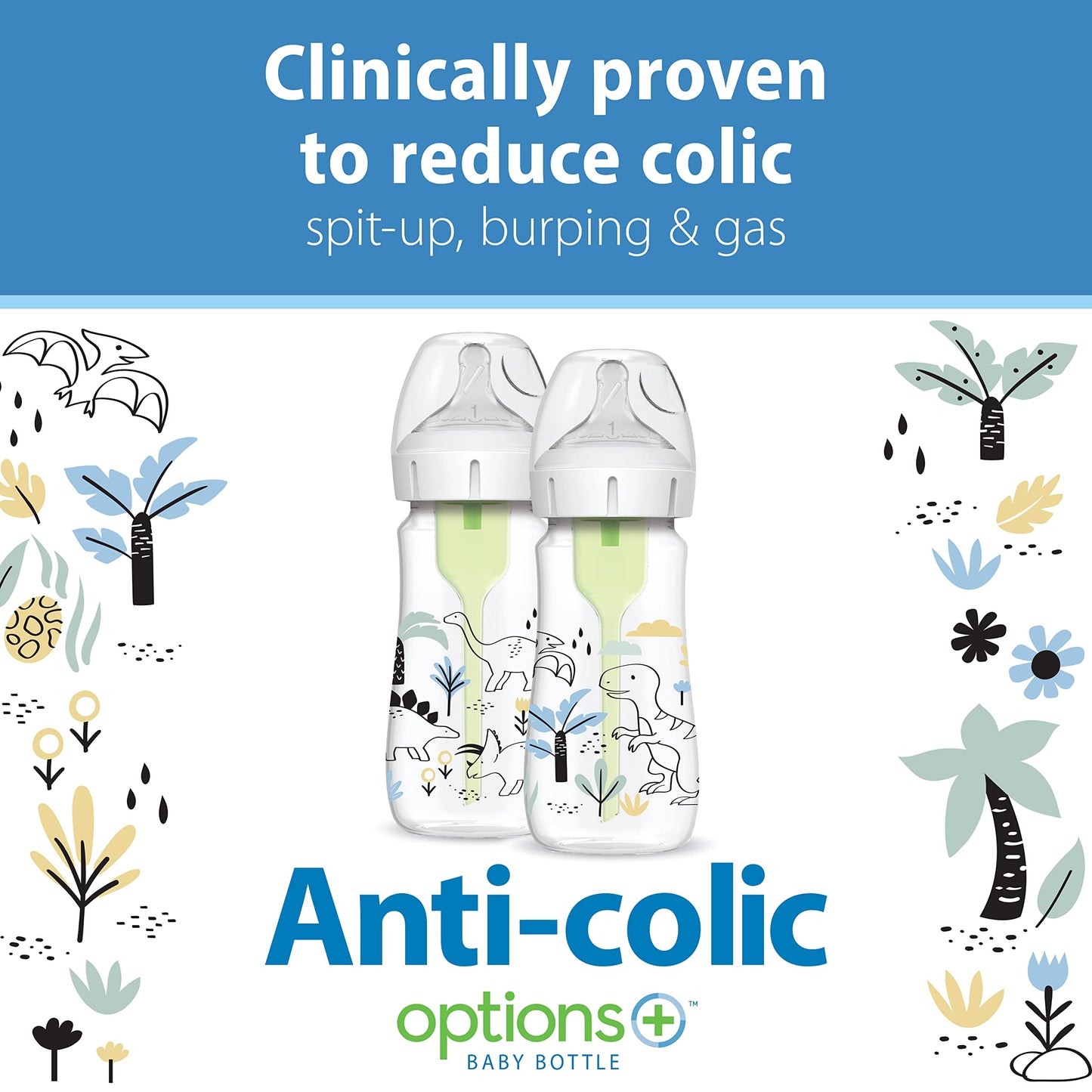 Dr Browns Natural Flowa Anti-Colic Options+A Wide-Neck Baby Bottle Designer Edition Bottles, Dino Decos, 9Oz270Ml, Level 1 Nippl