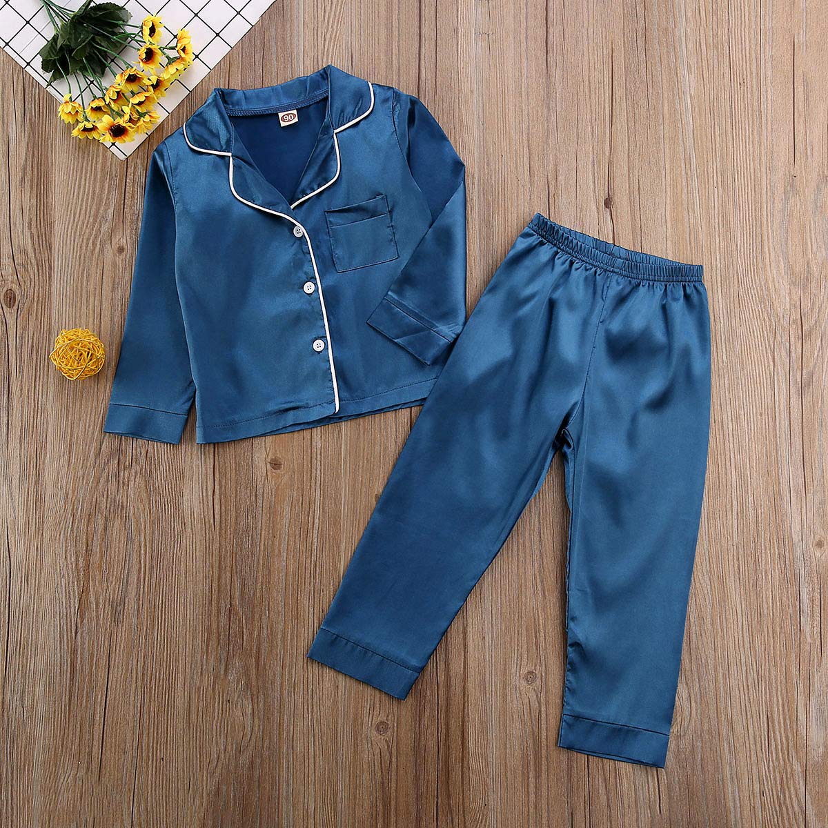 Toddler Baby Kids Satin Pajamas Set, Long Sleeve Button-Down Sleepwear Pjs For Girls (3T, Navy Blue)