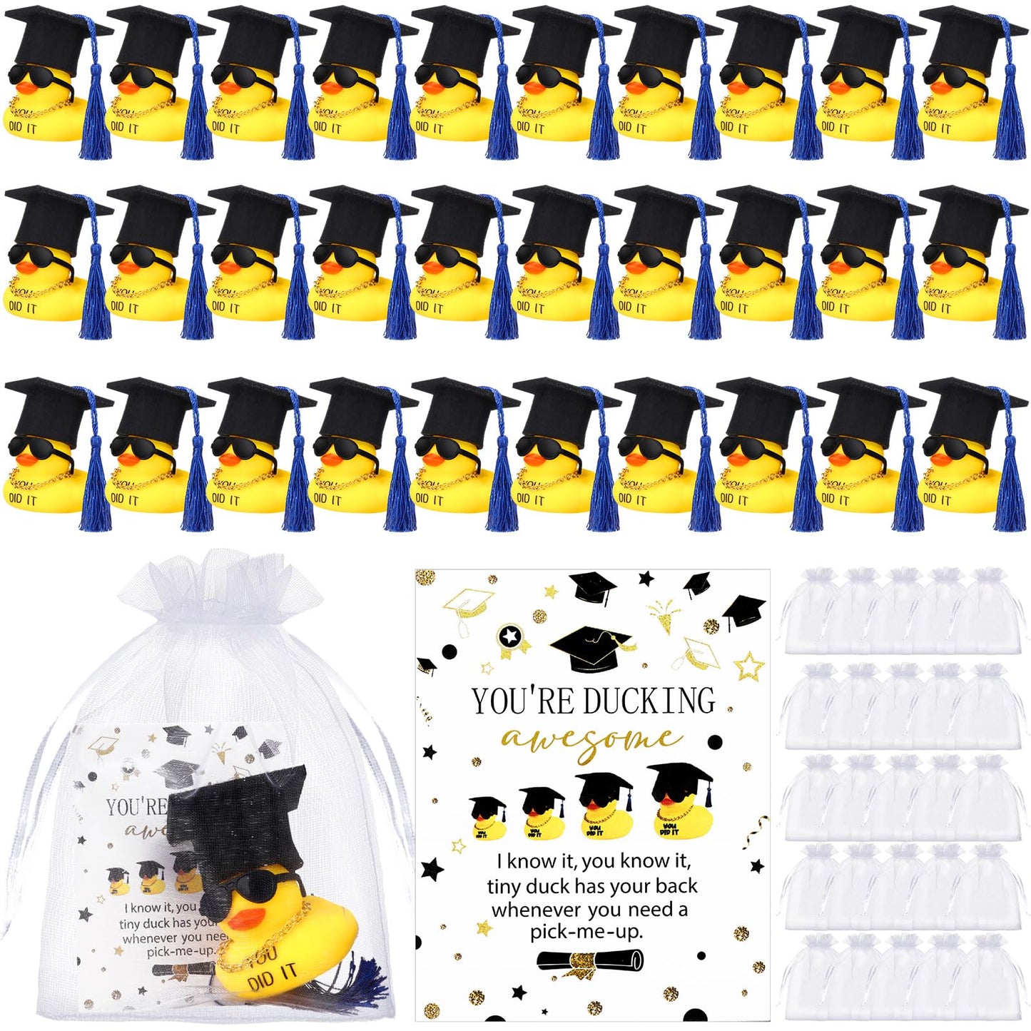 200 Pcs 2025 Graduation Party Favors Includes 2 Inch 50 Pcs Graduation Rubber Ducks with Necklace Sunglasses for Bath Pool 50 Pc
