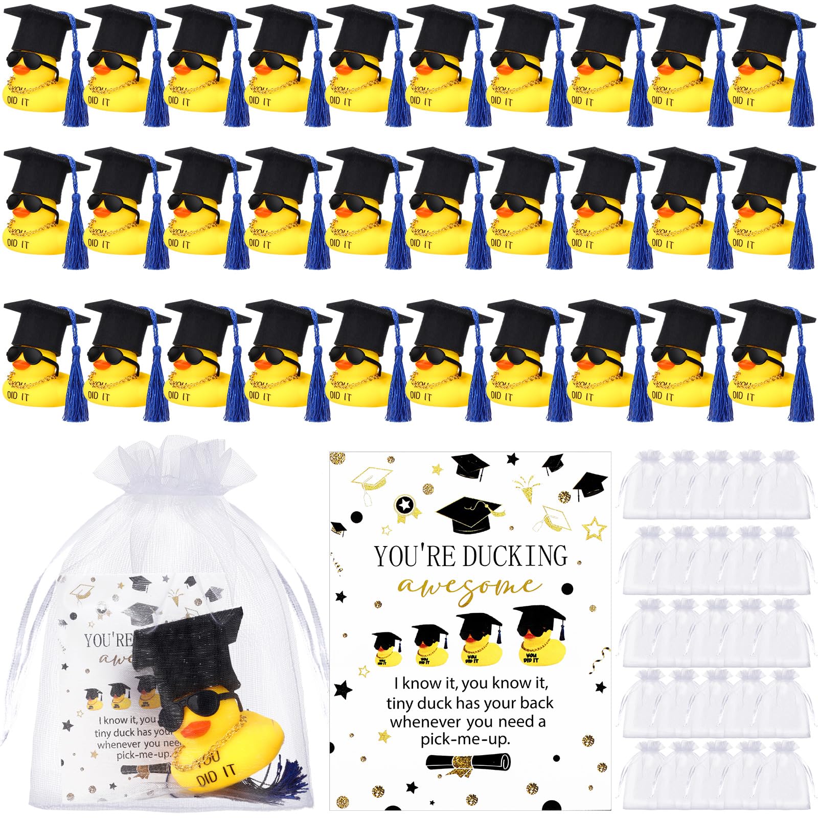 200 Pcs 2025 Graduation Party Favors Includes 2 Inch 50 Pcs Graduation Rubber Ducks with Necklace Sunglasses for Bath Pool 50 Pc