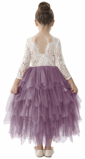 2Bunnies Girl Peony Lace Back A-Line Tiered Tutu Tulle Flower Girl Dress (Mauve Long Sleeve Maxi, 7-8Yrs)
