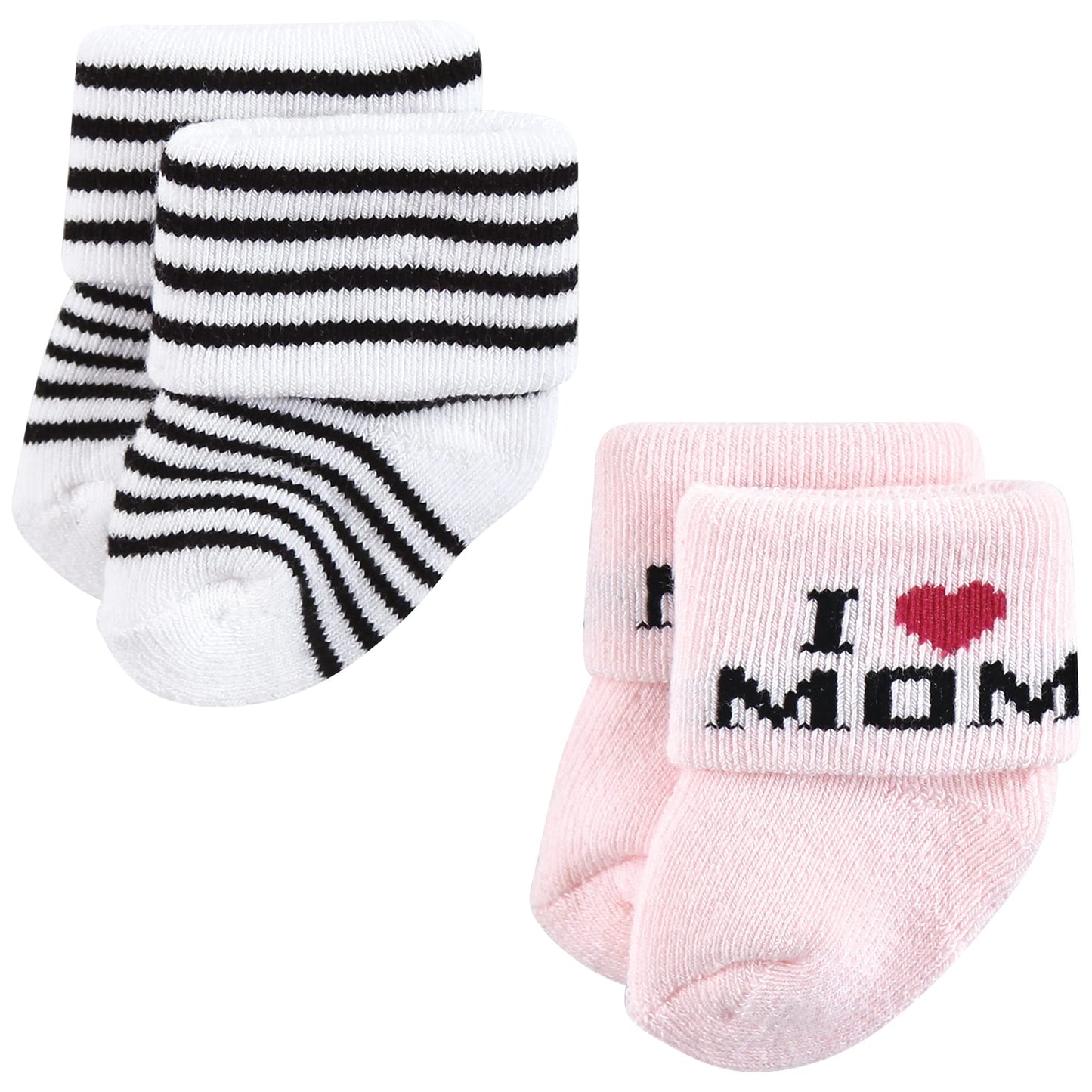 Hudson Baby Baby Girls Cotton Rich Newborn And Terry Socks, Mom Dad Girl Pink Black 12-Pack, 0-6 Months Us