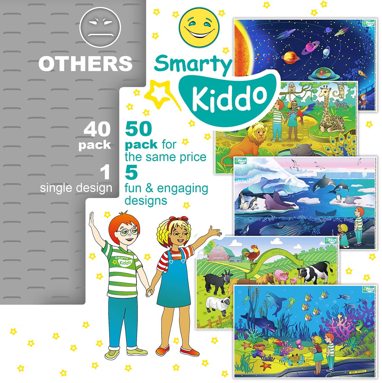 Smarty Kiddo 50 Pack Disposable Stick-On Placemats For Baby, 5 Designs Individually Folded - Farm, Sea World, Zoo, Antarctica &