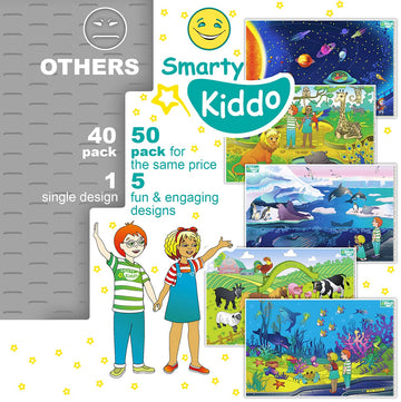 Smarty Kiddo 50 Pack Disposable Stick-On Placemats For Baby, 5 Designs Individually Folded - Farm, Sea World, Zoo, Antarctica &