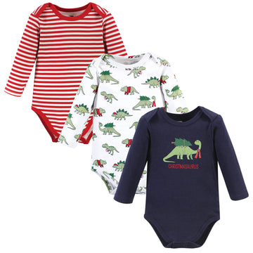 Hudson Baby Unisex Baby Cotton Long-Sleeve Bodysuits, Christmasaurus, 0-3 Months
