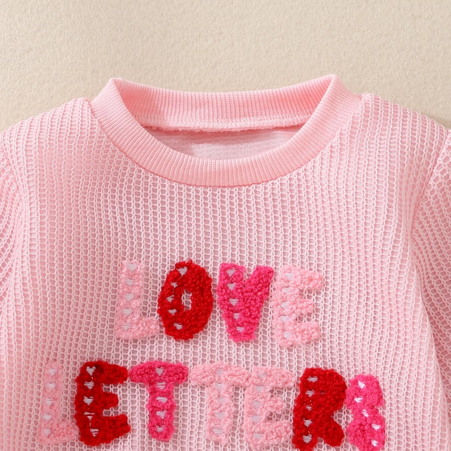 Newborn Baby Girl Valentines Day Outfit Love Bubble Romper Waffle Knit Sweater Oversized Pullover Sweatshirt Tops (Pink-4,3-6 Mo