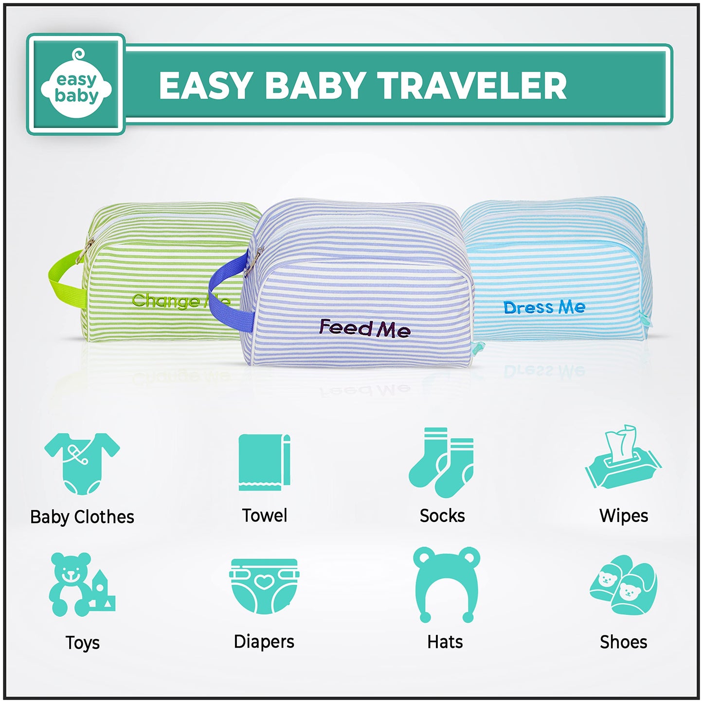 Easy Baby - Diaper, Bottle, And Supplies - Organizer Pouches And Changing Pad - Change, Feed, Dress, And Clean Me (8 Pack Seersu