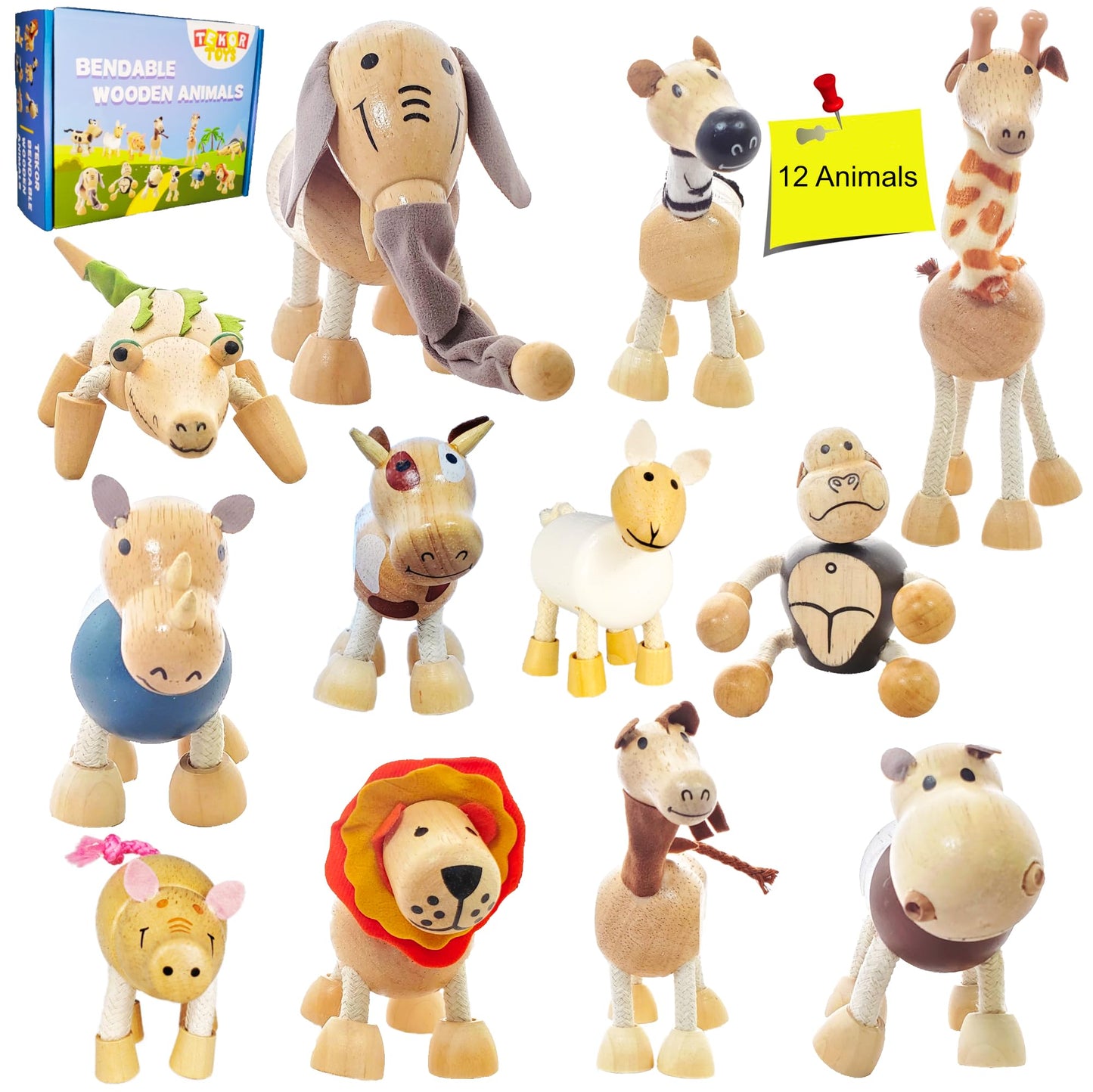 TEKOR Bendable Wooden Animal Toys (Set of 12) | Ages 3 & up | Fun & Posable Animals for Toddlers | Preschool Montessori Toys | S