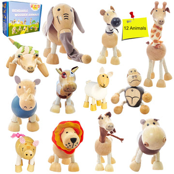 TEKOR Bendable Wooden Animal Toys (Set of 12) | Ages 3 & up | Fun & Posable Animals for Toddlers | Preschool Montessori Toys | S