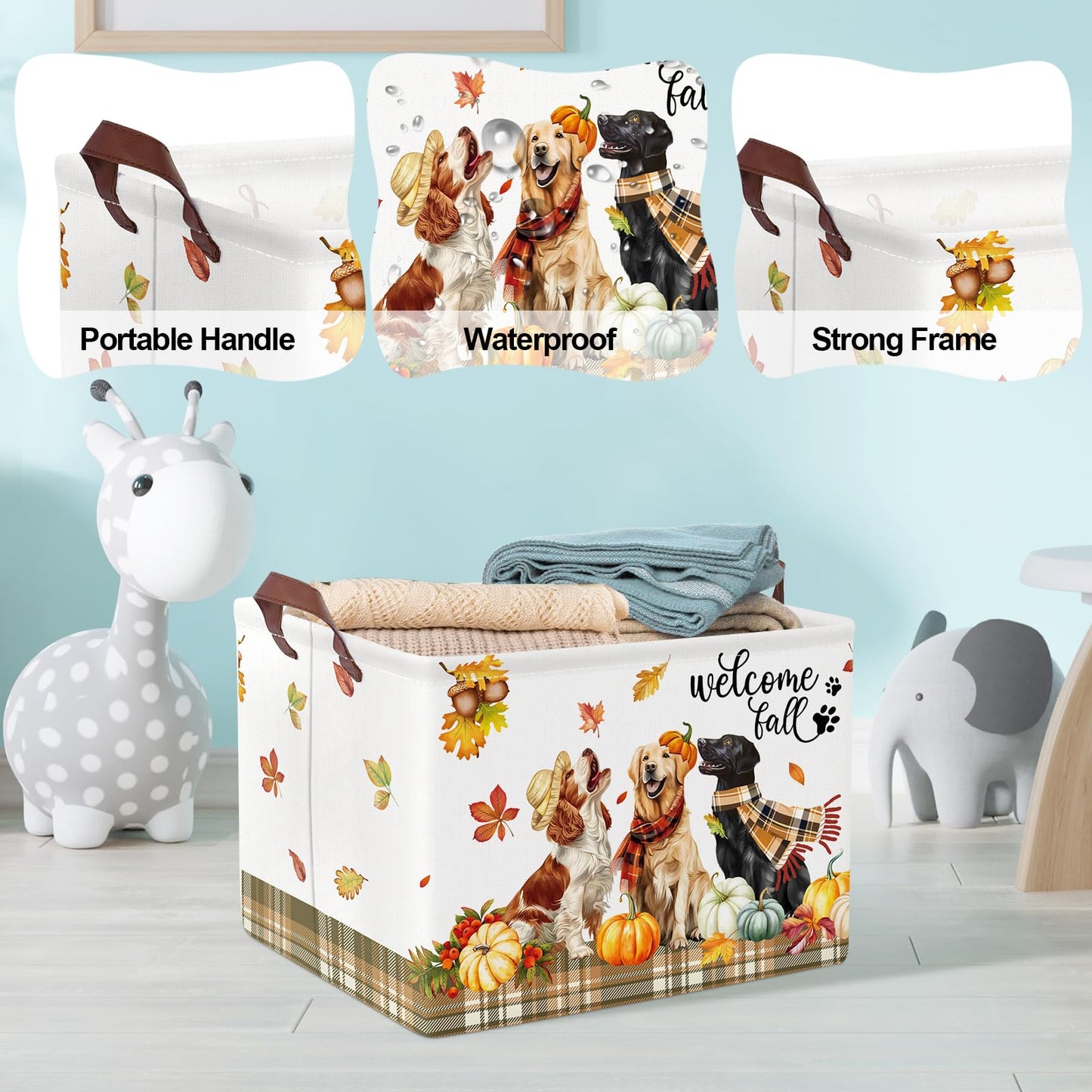 Clastyle Thanksgiving Autumn Harvest Dogs Basket Pickup Truck Sunflower Pumpkin Fall Gift Basket Large Brown Buffalo Plaid Stora