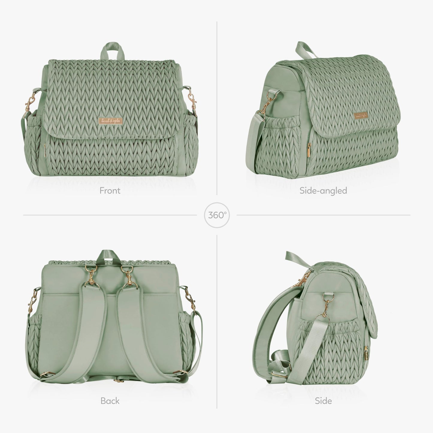 Hannah & Sophia Belle Convertible Baby Diaper Backpack & Bag In Sage Green, Large Size, Dual Sided Water Resistant Changing Mat