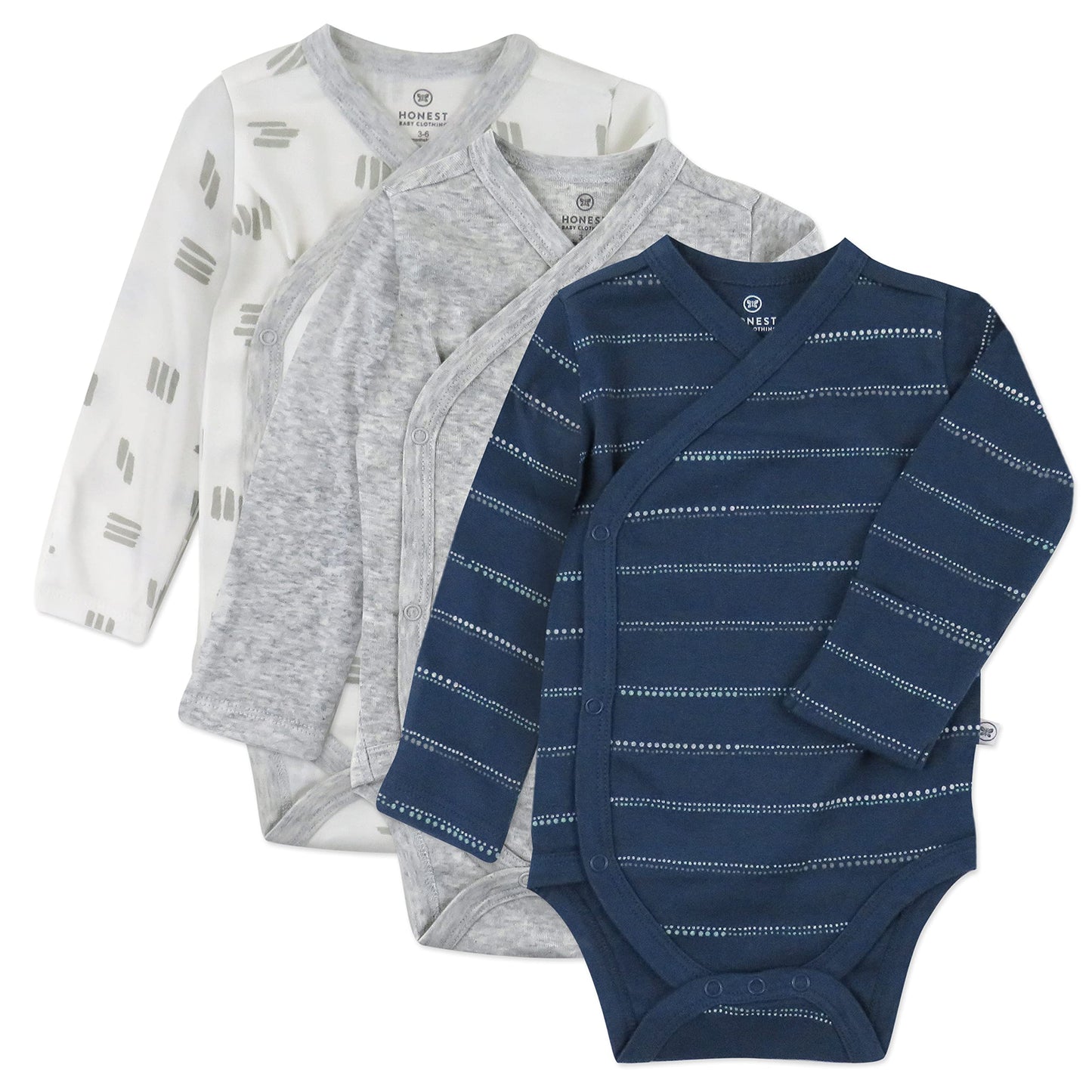 Honestbaby Unisex Baby 3-Pack Organic Cotton Long Sleeve Side-Snap Kimono Bodysuits And Toddler T Shirt Set, Dotted Stripe Navy