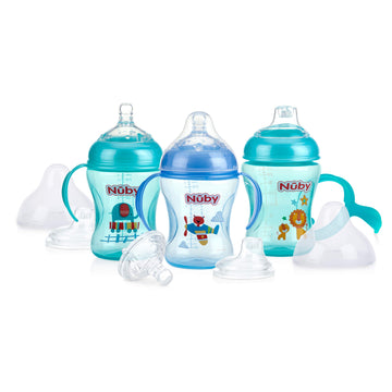 Nuby 3 Piece Natural Touch 3 Stage Wide Neck Breast Size Bottle-To-Cup, Boy