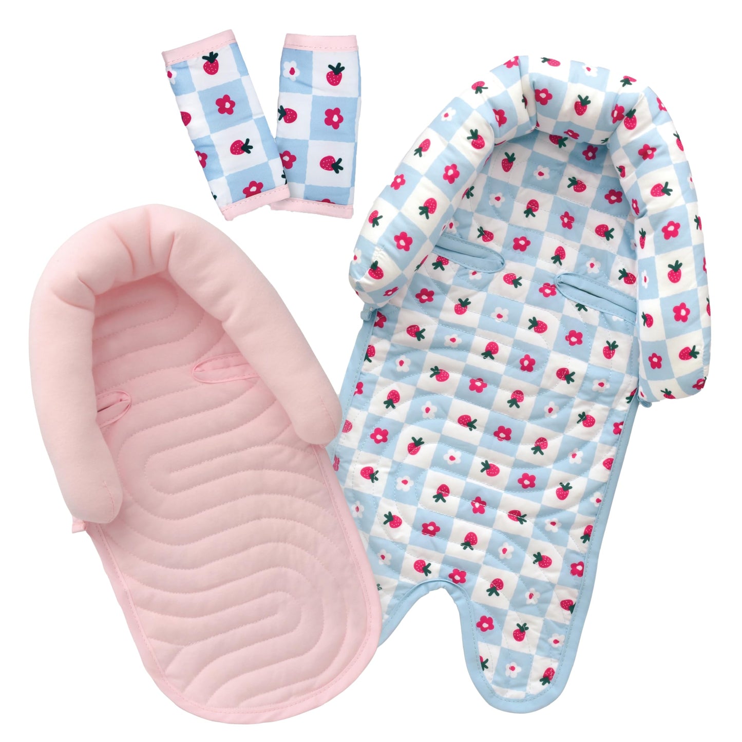 GoldBug Deluxe Duo Car Seat Head Support + Matching Strap Covers for Baby and Infant - Patchwork Berry