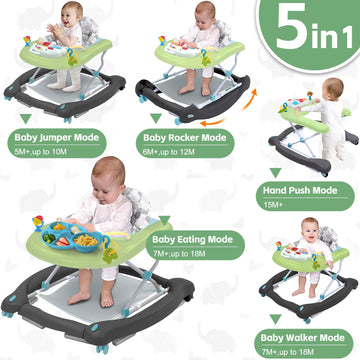 Pawtong Foldable Baby 5-In-1 Activity Walker - Rocker, Activity Center, Bouncer, Seat Walker, Push Walker - Adjustable Speed Rea