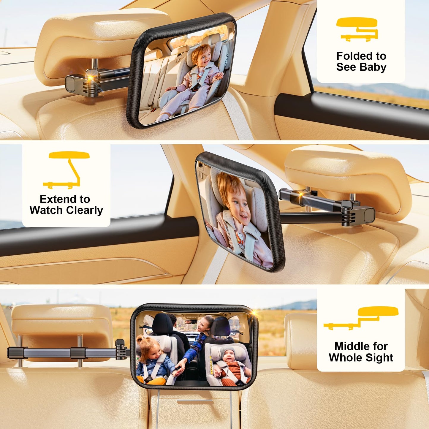 Tazeni Baby Car Mirror, Stretchable 360 Caring Baby Mirror For Car Seat Rear Facing Seat Infant Shatterproof, Baby Essentials Fo