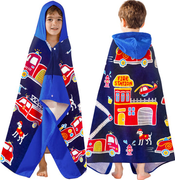 Voova & Movas Fire Truck Hooded Towels Soft Thick Cotton For Age 3-10 Years | Beach | Pool | Bath | Swim Towels For Boys, Blue F