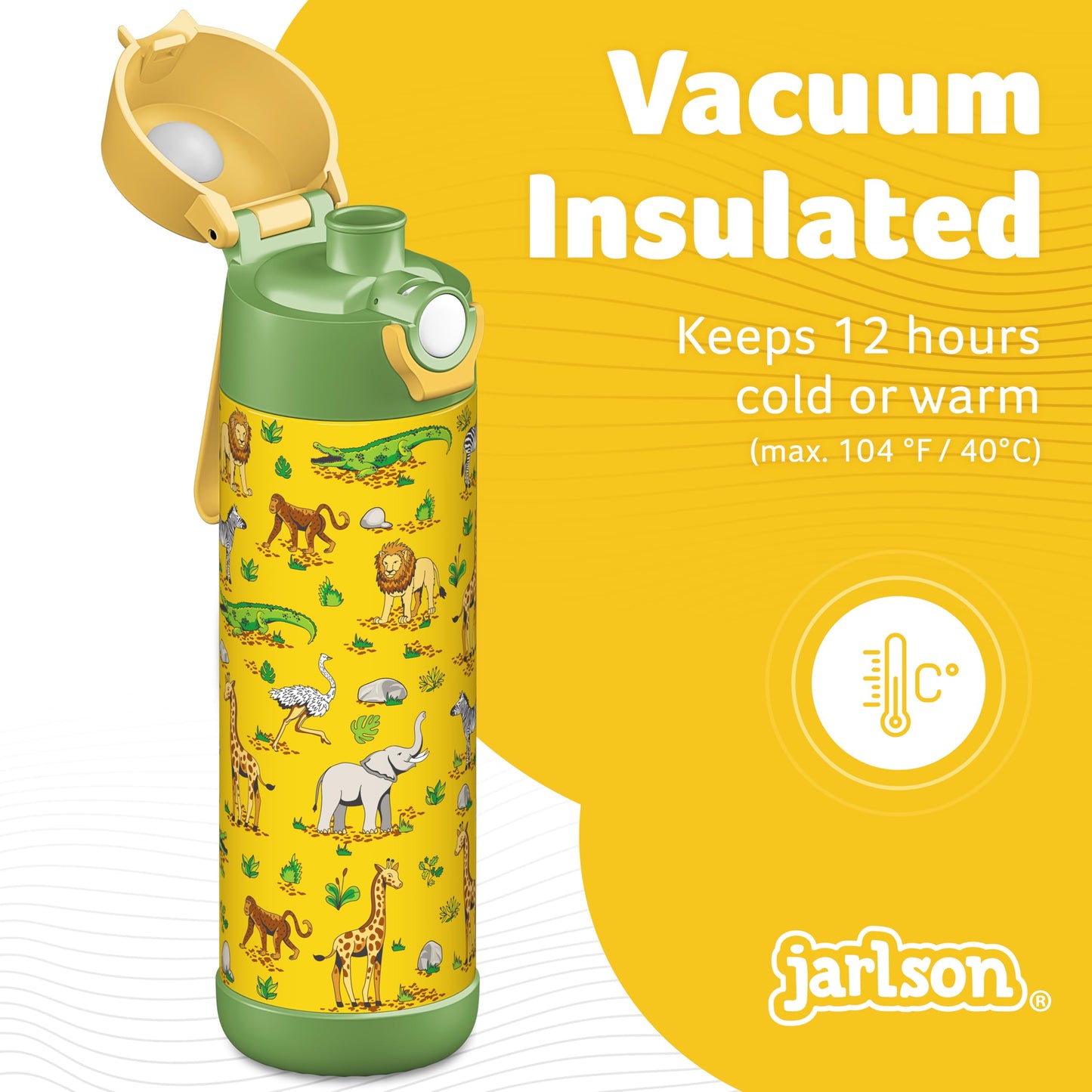 Jarlsona Kids Water Bottle - Mali - Insulated Stainless Steel Water Bottle With Chug Lid - Thermos - Girlsboys (Safari Mosaic, 1