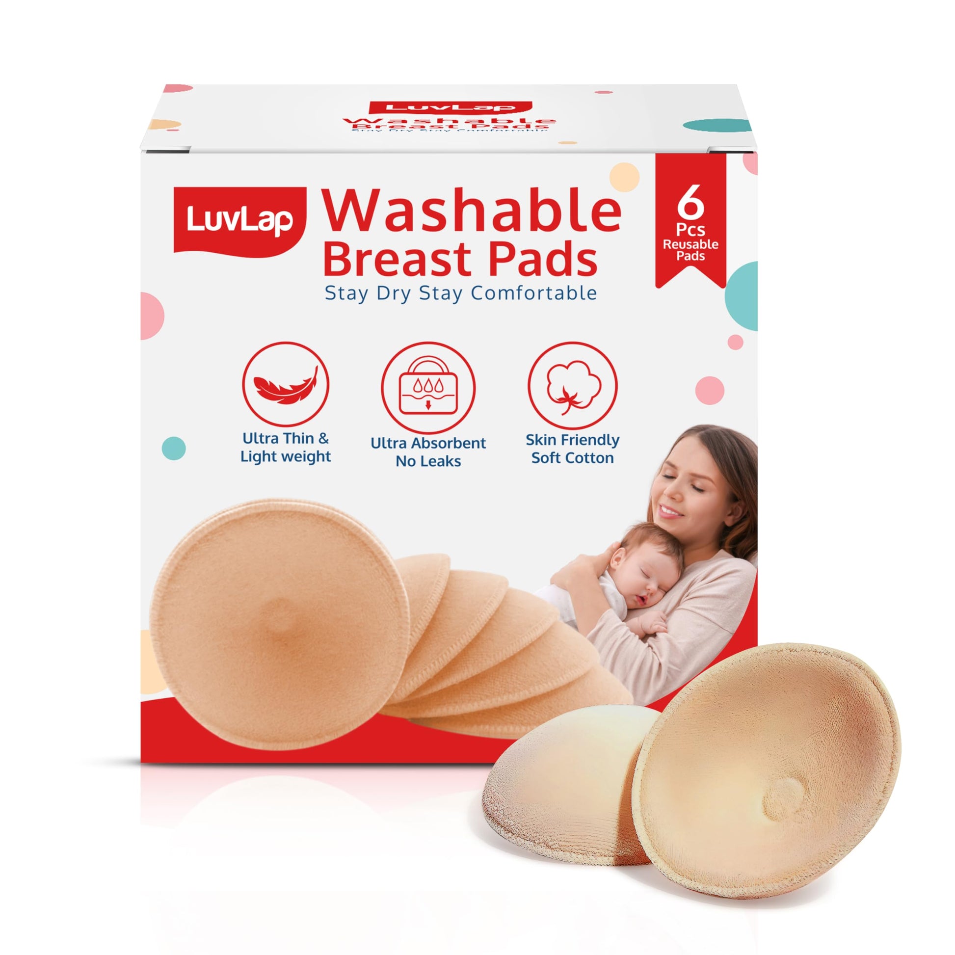 Luvlap Washable Maternity Nursing Breast Pads, 6 Pcs, Reusable, LeakProof