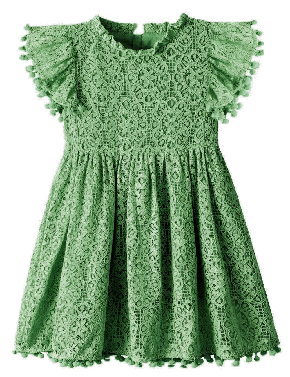 2Bunnies Girl Baby Toddler Vintage Lace Pom Pom Flutter Sleeve Easter Birthday Outfit Dress (Sage, 6M)
